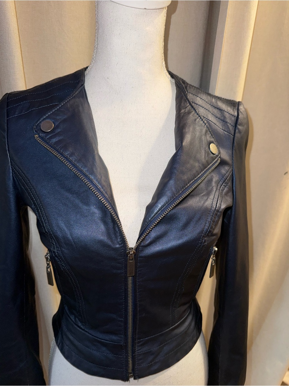 Women's Black Leather Moto Jacket - Sleek Zip Front
